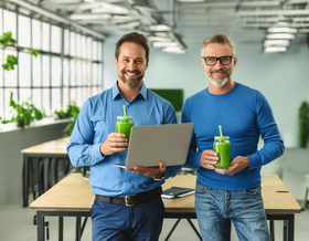 Brad and Chad, in the office, drinking the green stuff, which is some form of smoothie